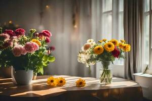 deux des vases de fleurs sur une table dans de face de une la fenêtre. généré par ai photo