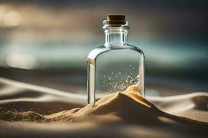 message dans une bouteille sur le plage. généré par ai photo