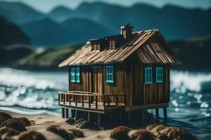 une miniature en bois maison sur le plage. généré par ai photo