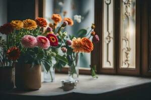 fleurs dans des vases sur une rebord de fenêtre. généré par ai photo