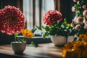 fleurs dans une vase sur une tableau. généré par ai photo