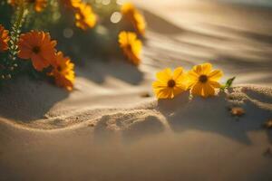 photo fond d'écran sable, fleurs, le soleil, le plage, le sable, fleurs, le sable. généré par ai