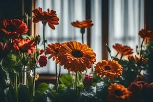 Orange fleurs dans de face de une la fenêtre. généré par ai photo