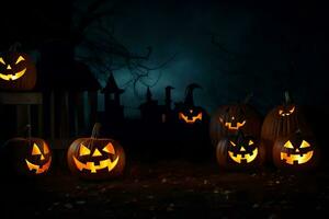 Halloween citrouilles allumé en haut à nuit avec une Château dans le Contexte. généré par ai photo