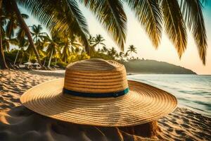 une chapeau est assis sur le le sable près paume des arbres. généré par ai photo