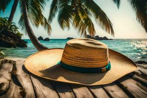 une paille chapeau est assis sur une en bois table près le océan. généré par ai photo