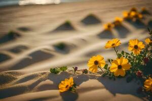 Jaune fleurs sur le plage. généré par ai photo