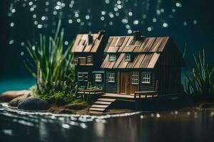 une miniature maison sur le l'eau avec gouttes de pluie. généré par ai photo