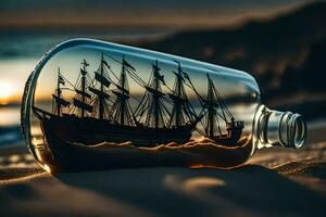 navire dans une bouteille sur sable. généré par ai photo