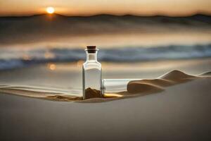 message dans une bouteille sur le plage. généré par ai photo