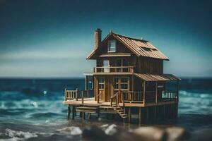 une miniature maison sur le plage avec une en bois pont. généré par ai photo