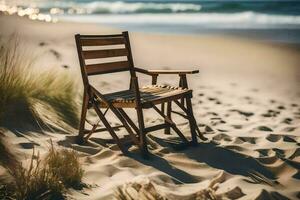 une en bois chaise est assis sur le plage près le océan. généré par ai photo