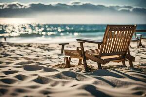 une en bois chaise est assis sur le plage à le coucher du soleil. généré par ai photo