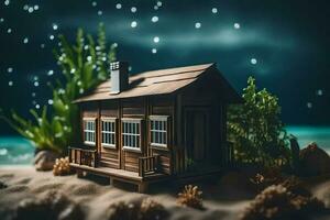 une miniature maison sur le plage à nuit. généré par ai photo