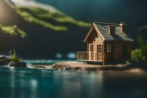 une miniature maison sur le rive de une lac. généré par ai photo