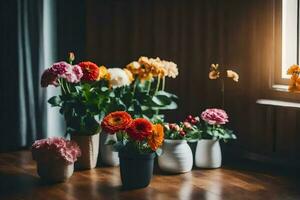 fleurs dans des vases sur une en bois sol. généré par ai photo