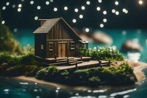 une miniature maison sur une petit île avec lumières. généré par ai photo