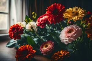 fleurs dans le la fenêtre. généré par ai photo