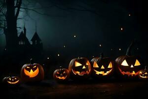 Halloween citrouilles dans le foncé avec une Château dans le Contexte. généré par ai photo