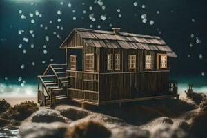 une miniature en bois maison sur le plage à nuit. généré par ai photo