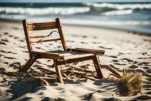 une en bois chaise est assis sur le le sable près le océan. généré par ai photo