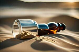 une bouteille de parfum mensonge dans le sable. généré par ai photo
