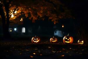 Halloween citrouilles dans le foncé avec lumières. généré par ai photo