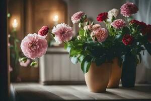 fleurs dans des vases sur une tableau. généré par ai photo