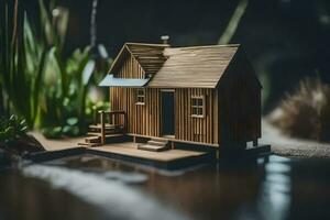 une miniature en bois maison sur une étang. généré par ai photo
