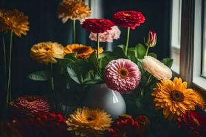 coloré fleurs dans une vase sur une rebord de fenêtre. généré par ai photo