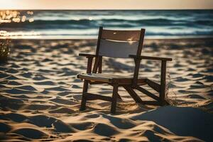 une chaise est assis sur le le sable à le coucher du soleil. généré par ai photo