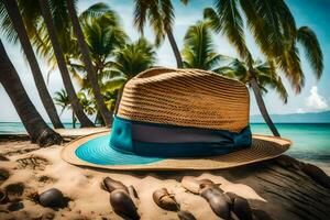 une chapeau est assis sur le le sable près paume des arbres. généré par ai photo