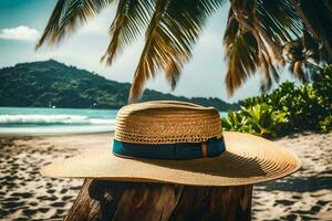 une chapeau est assis sur une souche sur le plage. généré par ai photo