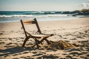 une chaise sur le plage avec le sable et l'eau. généré par ai photo