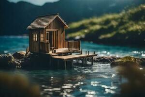 une miniature maison sur une Dock dans le l'eau. généré par ai photo