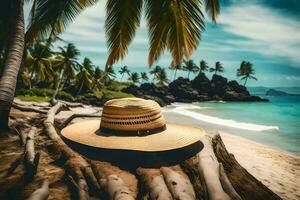 une chapeau est assis sur le plage près paume des arbres. généré par ai photo