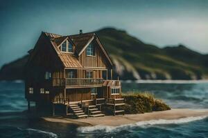 une maison sur un île dans le milieu de le océan. généré par ai photo