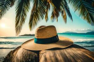 une paille chapeau est assis sur une Journal près le océan. généré par ai photo