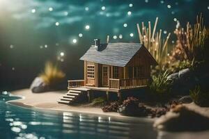 une miniature maison sur le rive de une lac. généré par ai photo