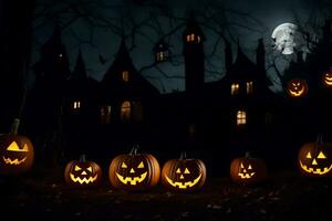 Halloween citrouilles dans de face de une château. généré par ai photo