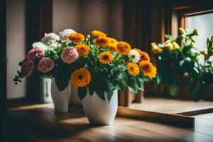 fleurs dans des vases sur une tableau. généré par ai photo