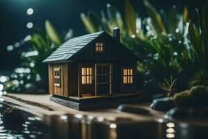 une miniature maison est assis sur une petit île dans le l'eau. généré par ai photo