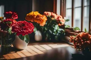 fleurs dans des vases sur une rebord de fenêtre. généré par ai photo