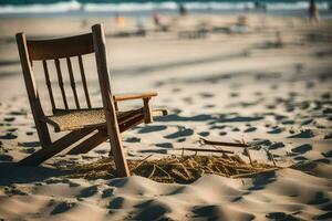 une chaise sur le plage avec une pile de sable. généré par ai photo