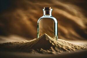 une bouteille de le sable est assis sur Haut de une monticule de sable. généré par ai photo