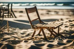 une en bois chaise est assis sur le le sable près le océan. généré par ai photo