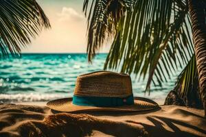 paille chapeau sur le plage. généré par ai photo