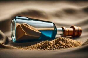 une bouteille de le sable et une message dans une bouteille. généré par ai photo