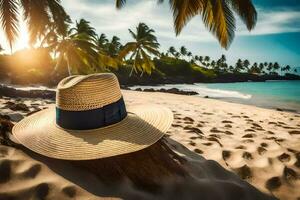 une chapeau sur le plage. généré par ai photo