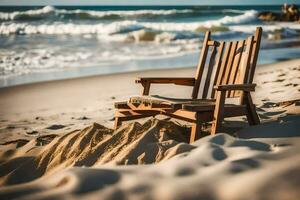 une en bois chaise est assis sur le plage près le océan. généré par ai photo